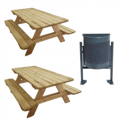 Table pique-nique en bois - Table pique-nique banc intégrés - Poubelle urbaine